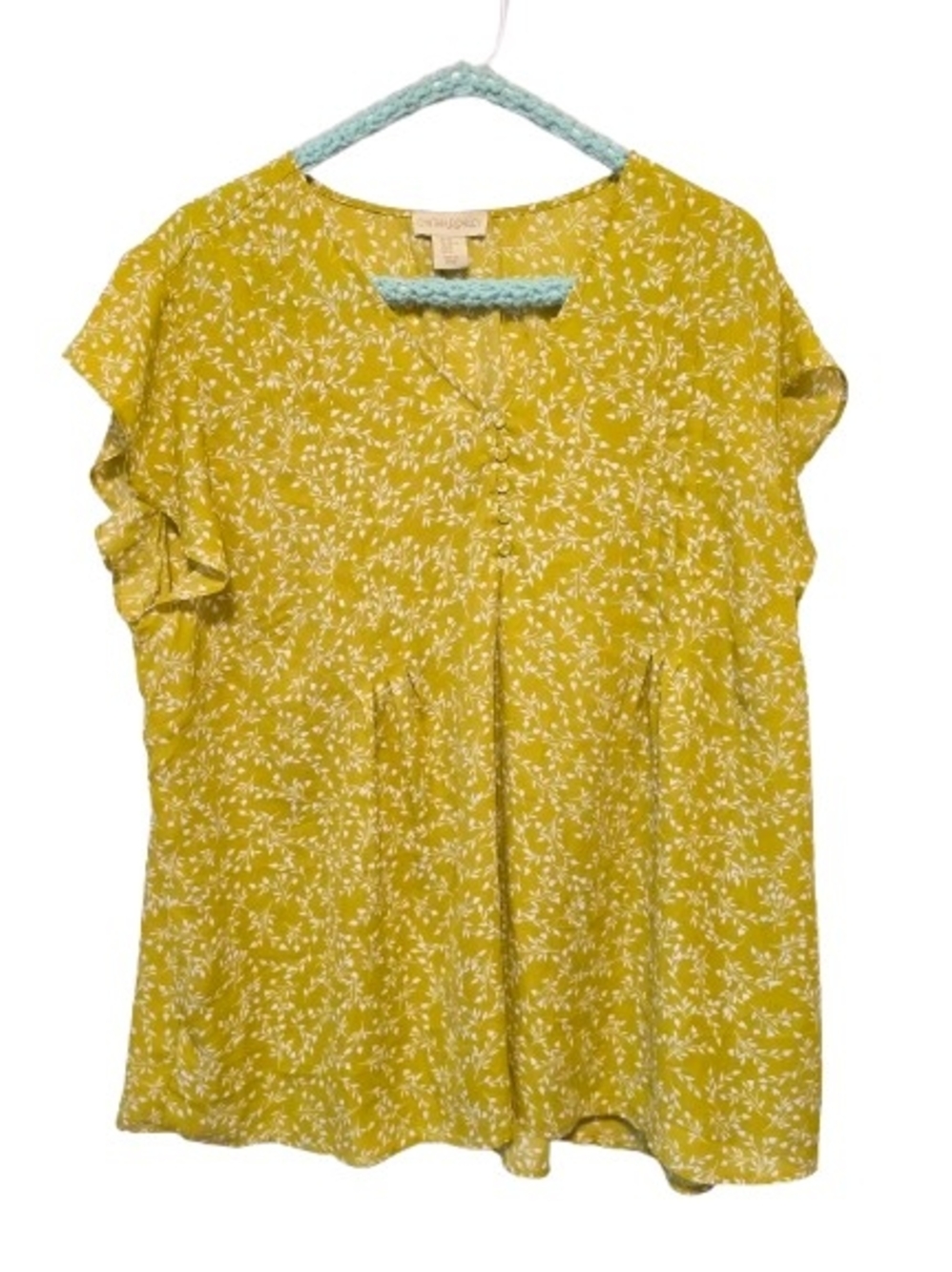 Cynthia Rowley Greenish Yellow Floral V-Neck Short Sleeve Blouse Size 2X NWOT